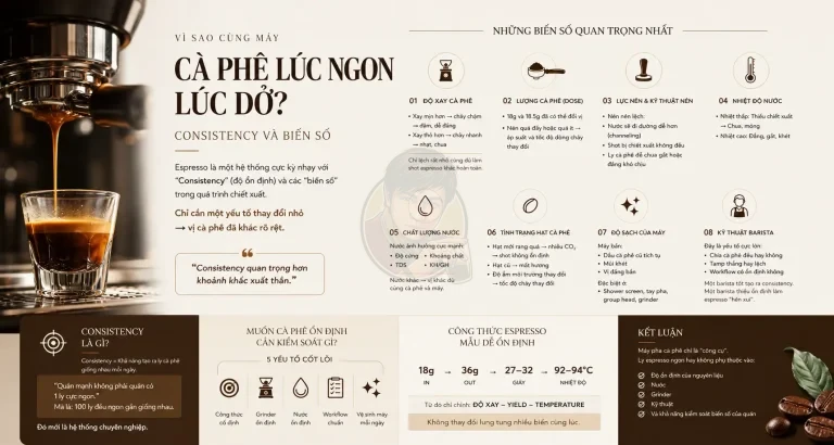 Vì sao cùng máy nhưng cà phê lúc ngon lúc dở? Hiểu đúng về consistency và biến số.