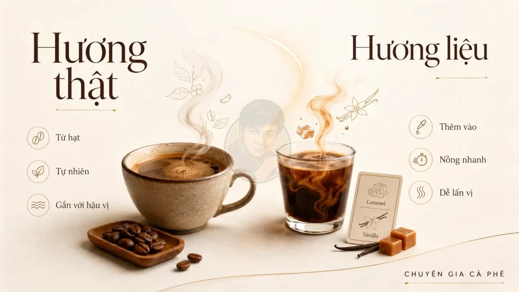 So sánh hương thật và hương liệu trong cà phê qua nguồn gốc hương, độ nồng và hậu vị.
