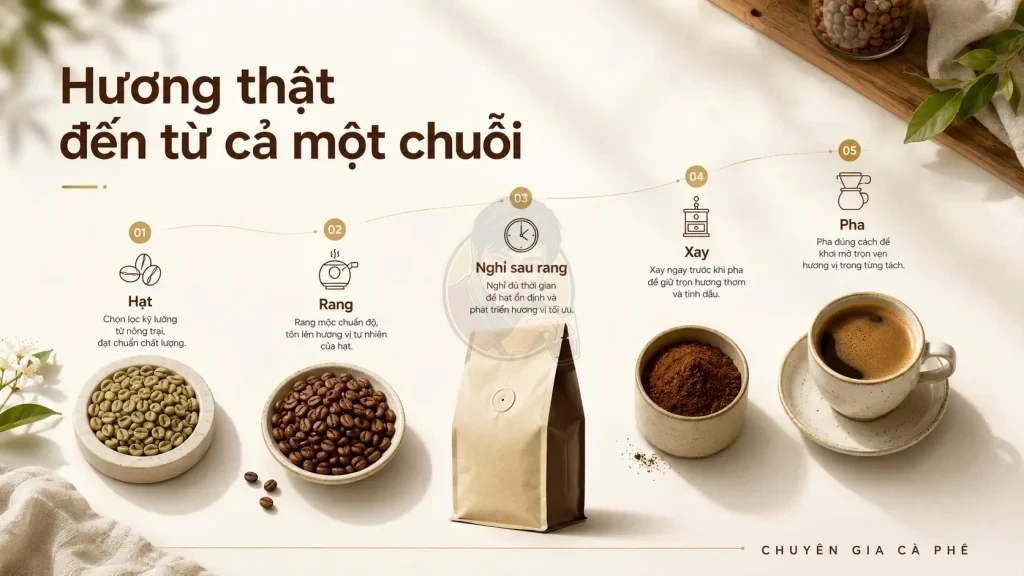 Hương thật của cà phê rang mộc hình thành từ hạt, quá trình rang, nghỉ sau rang, xay và pha.