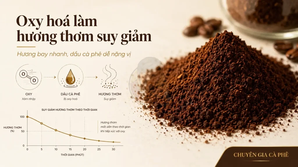 Oxy hoá cà phê xay sẵn làm giảm hương thơm và khiến vị cà phê nặng hơn.