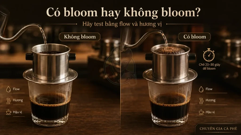 So sánh pha phin có bloom và không bloom trong chiết xuất cà phê.