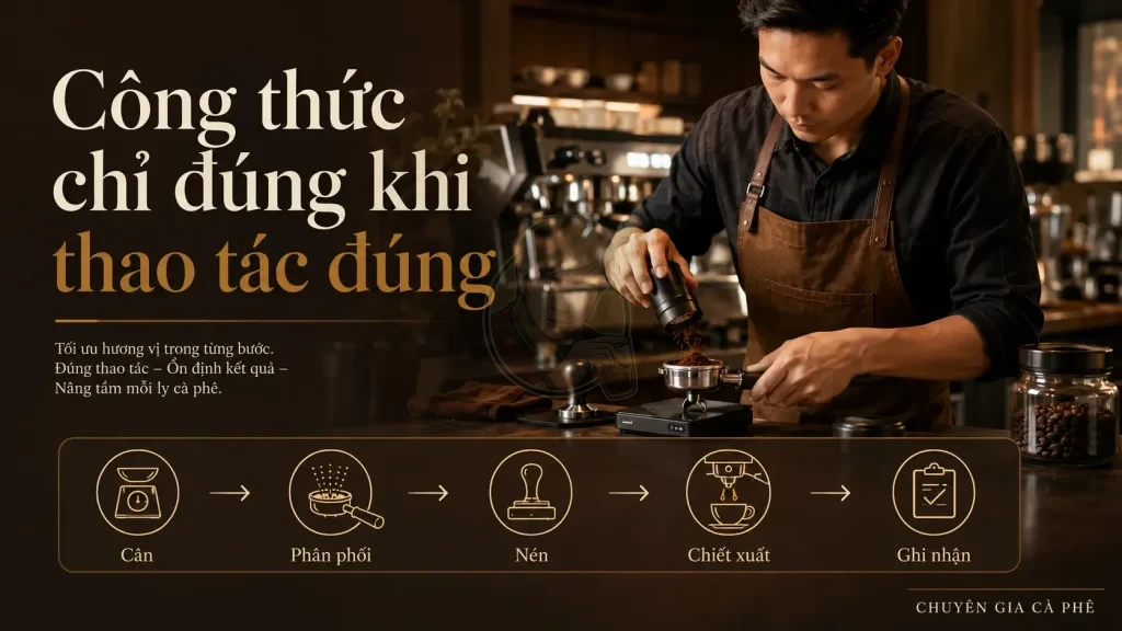 Thao tác barista như cân bột, phân phối, nén và ghi nhận công thức ảnh hưởng đến consistency espresso.