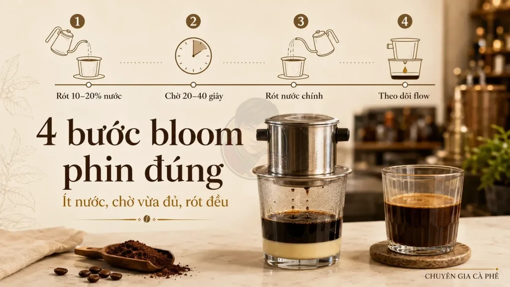 Quy trình bloom phin đúng với lượng nước nhỏ và thời gian chờ phù hợp.