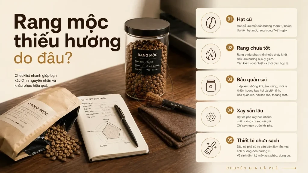 Cà phê rang mộc có thể thiếu hương do hạt cũ, rang chưa tốt, bảo quản sai, xay sẵn lâu hoặc thiết bị chưa sạch.