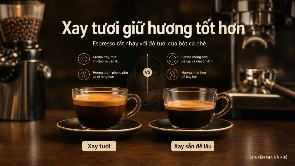 So sánh espresso pha từ cà phê xay tươi và cà phê xay sẵn để lâu.