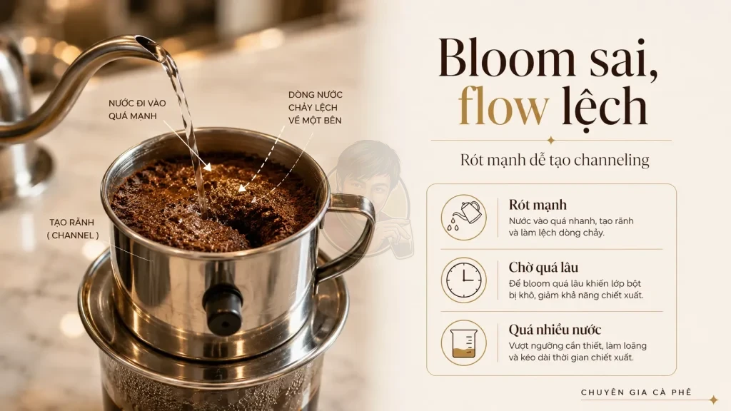 Bloom phin sai cách có thể gây channeling và làm flow cà phê phin lệch.
