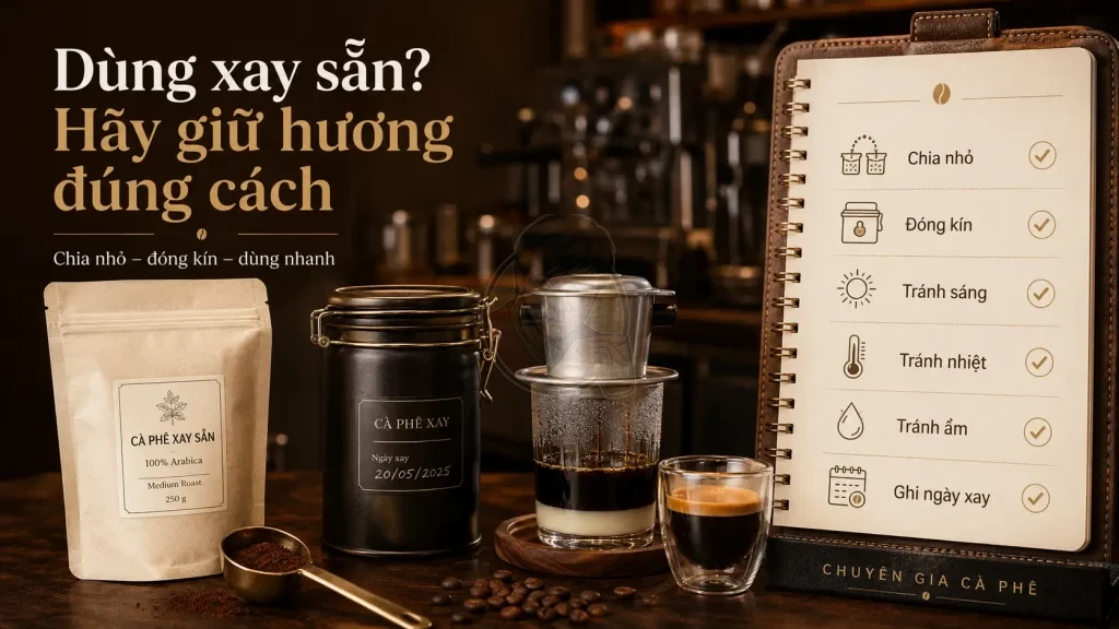 Checklist bảo quản cà phê xay sẵn để giảm mất hương và hạn chế oxy hoá.