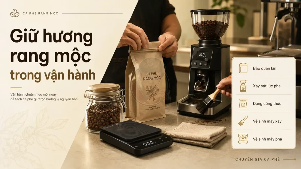 Giữ hương cà phê rang mộc bằng cách bảo quản kín, xay lúc pha, pha đúng công thức và vệ sinh thiết bị.