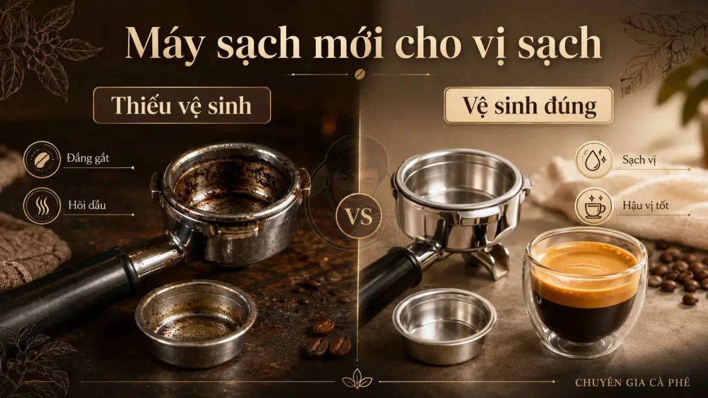 Vệ sinh máy pha, tay pha và basket ảnh hưởng trực tiếp đến hương vị espresso.