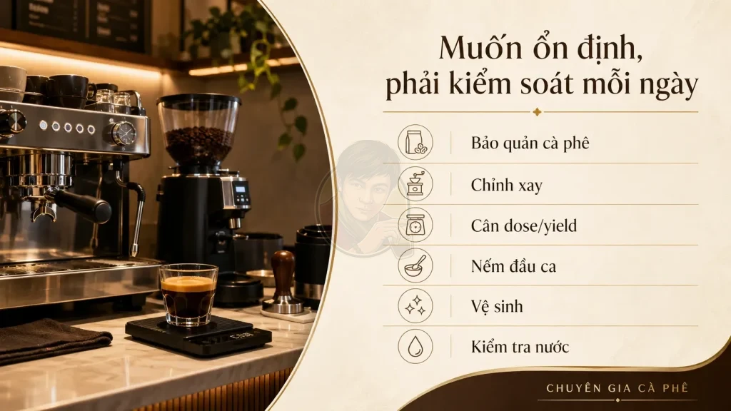Checklist kiểm soát consistency espresso.