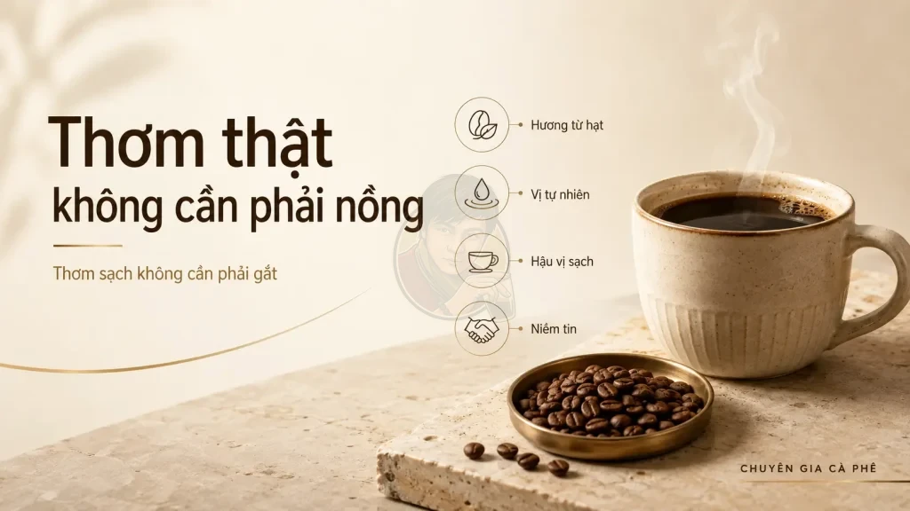 Cà phê rang mộc thơm thật từ hạt, vị tự nhiên, hậu vị sạch và không cần hương liệu.