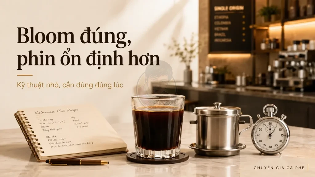 Bloom phin đúng cách giúp cà phê phin ổn định flow và hương vị hơn.
