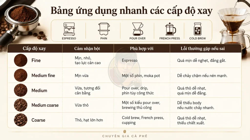 Bảng ứng dụng các cấp độ xay cà phê.