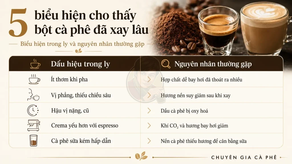 Dấu hiệu bột cà phê xay để lâu