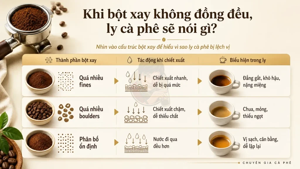 Độ đồng đều ảnh hưởng mạnh đến chiết xuất.