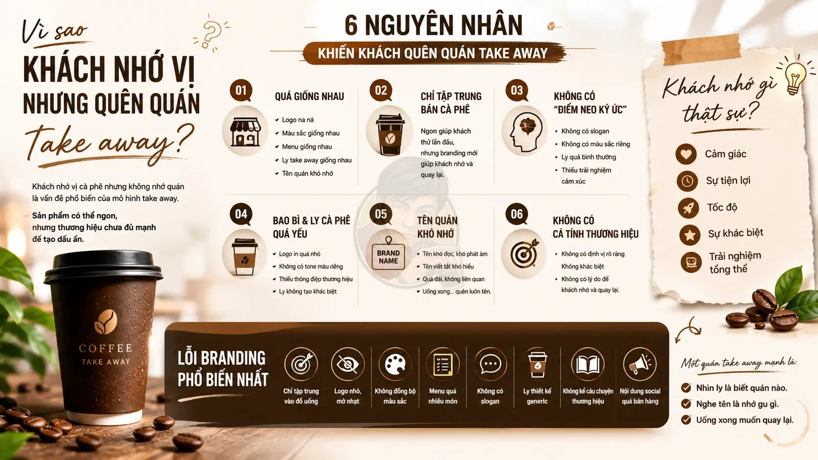 Tại sao khách nhớ vị nhưng không nhớ quán cà phê? Những lỗi branding phổ biến.