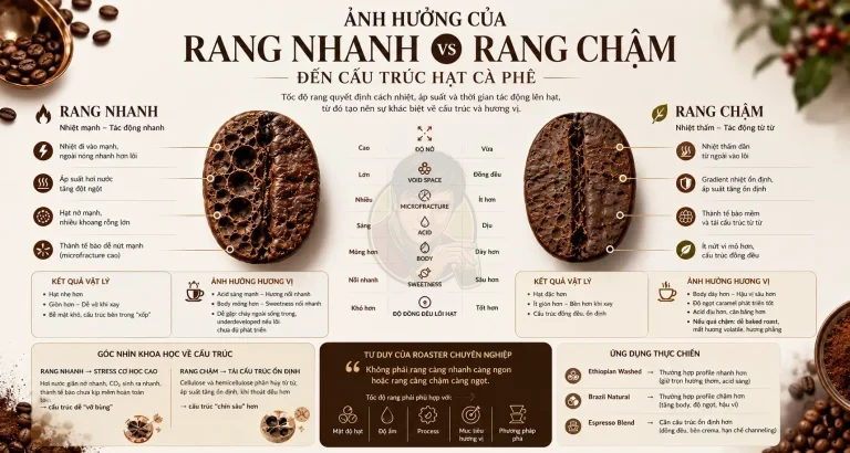 Rang nhanh và rang chậm ảnh hưởng đến cấu trúc hạt cà phê như thế nào?