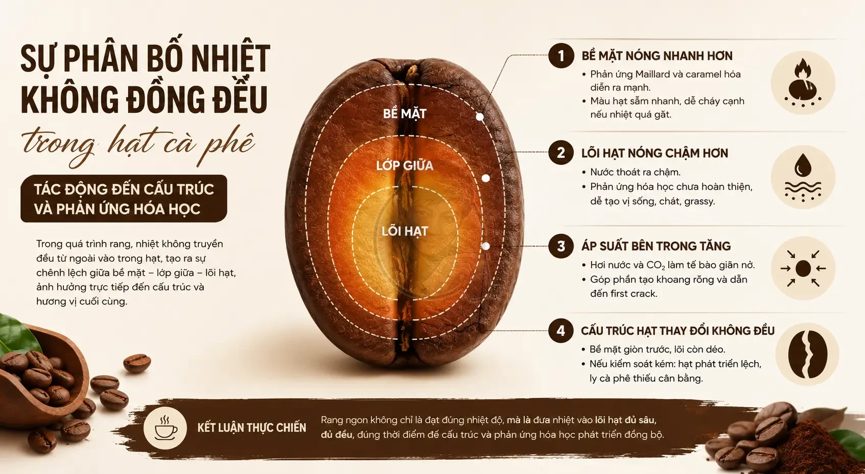 Sự phân bố nhiệt không đồng đều trong hạt cà phê và tác động khi rang.