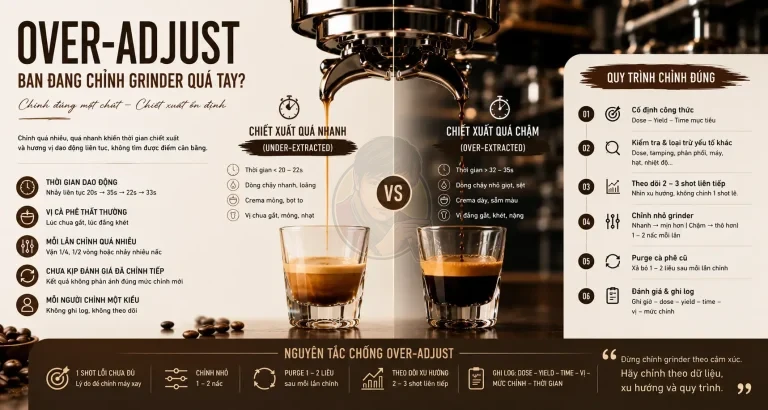 Chỉnh grinder quá tay: Dấu hiệu over-adjust thực tế.